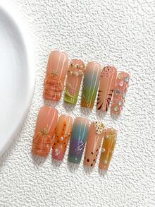 10片島嶼貝殼風手工穿戴甲，Polygel美甲套組，海星珍珠圖案，橘黃色，度假風，含美甲工具，3種尺寸可選，杏仁/鴨嘴/棺材形，適合派對、跳舞、日常佩戴 - 彩色 - 查看 18