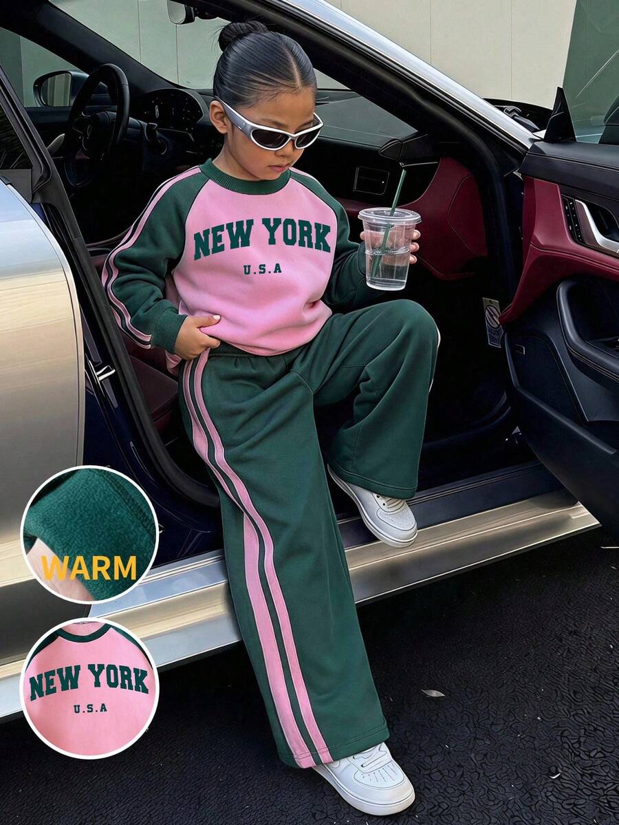 Tween Girl Letter Print Crew Neck Long Sleeve Sweatshirt And Sweatpants Set - Pink - View 1