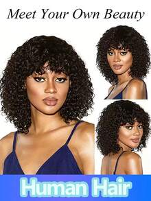 Kinky Curly Human Hair Toppers With Bangs Silk Base 3 Clips Natural Black Curly Human Hair Toppers Invisible Seamless Clourse Topper Hairpieces For Women Daily Wear - Natural Black - View 7