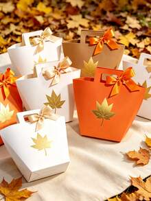 12pcs Autumn Maple Leaf Gift Boxes With Satin Ribbon Bows, Paper Favor Boxes With Handle, Fall Party Gift Packaging For Thanksgiving, Harvest Festival, Friendsgiving, Wedding, Baby Shower, Birthday, Small Gifts, Easy To Assemble - 12.5X9.5X8cm - View 4
