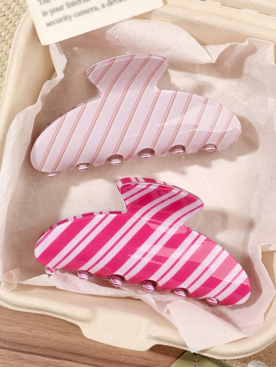 2件組醋酸材質玫瑰粉條紋印花半圓組合髮夾 高頂盤髮半紮髮夾 韓系溫柔優雅浪漫氛圍 高質感百搭髮飾 - 玫粉條紋 - 查看 1