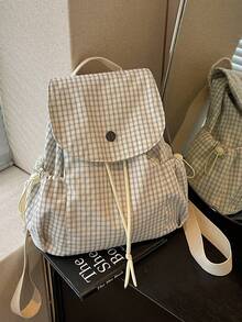Korean Style Fresh Plaid Drawstring Flap Backpack, Minimalist Japanese Small Grid Fabric Bag, Lightweight Wear-Resistant Multi-Pocket Student School Shopping Outdoor Travel Casual Versatile Backpack For Girls - Multicolor - View 8