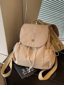 Korean Style Fresh Plaid Drawstring Flap Backpack, Minimalist Japanese Small Grid Fabric Bag, Lightweight Wear-Resistant Multi-Pocket Student School Shopping Outdoor Travel Casual Versatile Backpack For Girls - Multicolor - View 9
