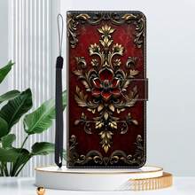 GLANDOTU Vintage Baroque Style Red & Gold Floral Pattern PU Leather Phone Wallet Case, With Card Slots, Lanyard And Stand, Compatible With Multiple Phone Brands And Models - Multicolor - View 1