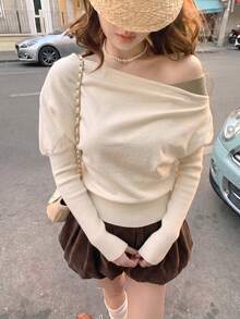 Autumn New Slouchy Premium Asymmetrical Shoulder Pullover Sweater Loose Asymmetrical Shoulder Knit Top White - White - View 8