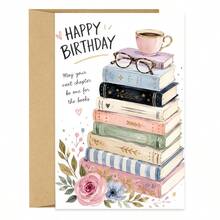 1張書迷讀者生日卡，「One For The Books」語錄搭配水彩花卉書籍插圖，書蟲生日祝福卡，適合愛書之人 - 多色 - 查看 10