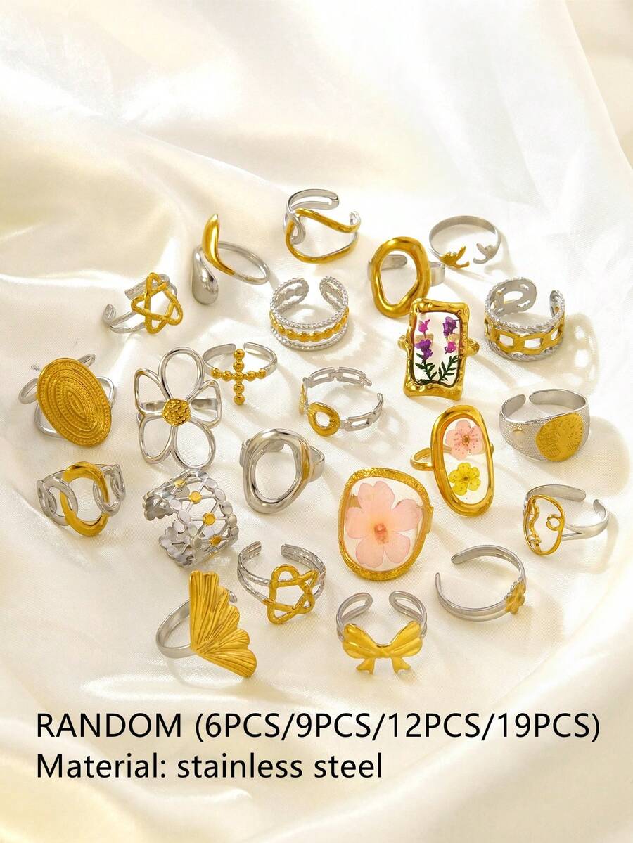 VceTd 6/9/12/19PCS Cincin Terbuka Wanita Acak dengan Dekorasi Hati/Bunga/Bintang/Desain Geometris, Cocok untuk Pemakaian Sehari-hari - Emas/Perak - View 1