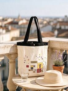 L'Occitane Cartoon Patch Canvas Tote Bag Snap Closure Cotton Shoulder Bag Large Capacity Beach & Daily Shopping Handbag Ladies Gift Bag LOCCITANE-GIFT-72 - White + Black - View 10