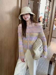 Women's Colorful Open Shoulder Off Shoulder Long Sleeve Sexy Sweater, Autumn/Winter Style (Random Stripes) - Pink - View 3