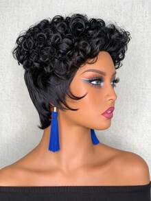Peluca corta de cabello humano estilo pixie de 6 pulgadas, peluca de cabello humano rizado y rizado para mujeres, peluca completa hecha a máquina - Multicolor - Ver 12