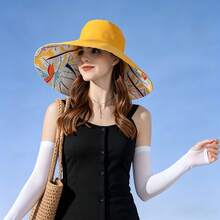 1pc Large Brim Leaf Pattern Bucket Hat, Sun Protection Hat For Shopping, Cool Summer Sun Hat For Women, Fashionable Sun Hat With Wide Brim, Spring/Summer Essential, Printed Versatile Sun Hat - Multicolor - View 10