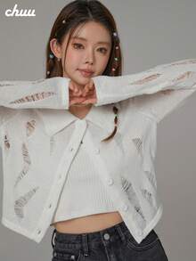 CHUU Hollow Out Lapel Long Sleeve Knit Cardigan Women Autumn Sweet Cool Basic Sheer Crop Top - White - View 2
