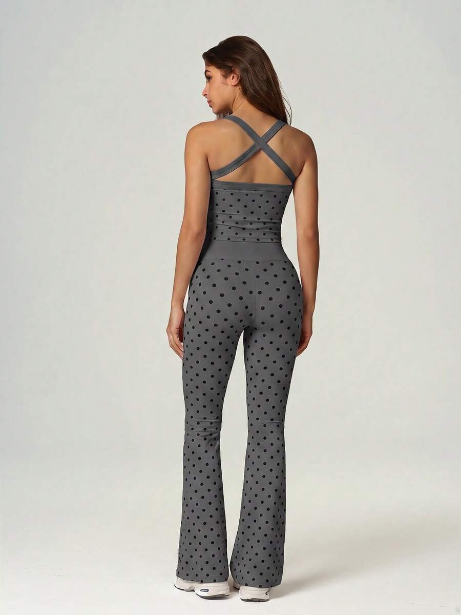 UONNOU 2pcs Polka Dot Square Neck Criss-Cross Back Camisole + Criss-Cross Waist Flare Pants Sports Set - Grey - View 1