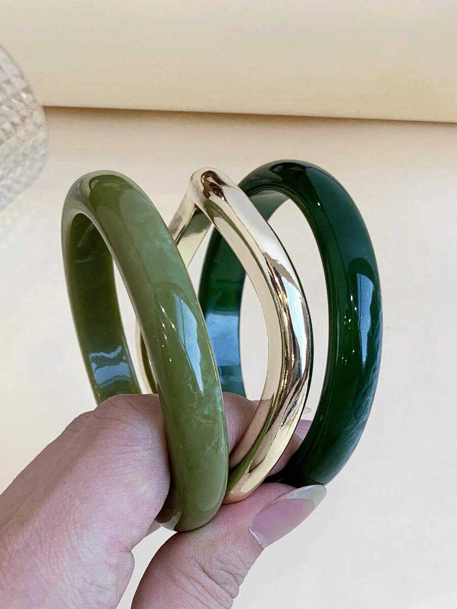 3pcs Fashionable Vintage Thick Multicolor Asymmetrical Acrylic Bangle Bracelet Set, Suitable For Women, Daily Wear, Gift For Friends And Family - Multicolor - View 1