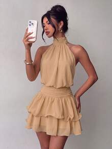 Elegant Fashion Halter Neck Backless Layered Ruffle Mini Dress Wedding - Khaki - View 10