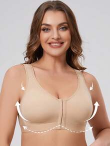 MELENECA Women's Front Closure Wirefree Post Surgery Plus Size Back Support Posture Bra - Khaki - View 4