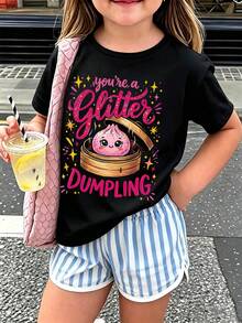 青少年女孩休閒趣味印花圓領套頭短袖T恤夏季上衣 - 黑色 - 查看 1