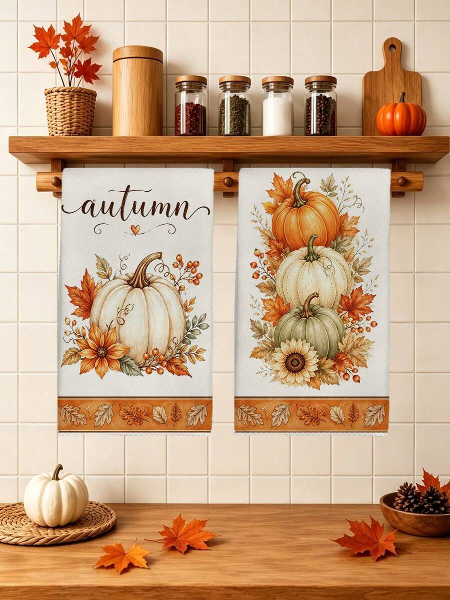 2PCS Kitchen Towel, Autumn Fallen Leaves And Pumpkin Pattern Printed, 40*60cm Rectangular Microfiber Kitchen Towel, Dish Cloth, Tablecloth, Hand Towel, Kitchen Decor, Home Decor, Housewarming Gift For Neighbors, Kitchen Napkin And Dish Cloth, Home Decor, Gift - Burnt Orange - View 1