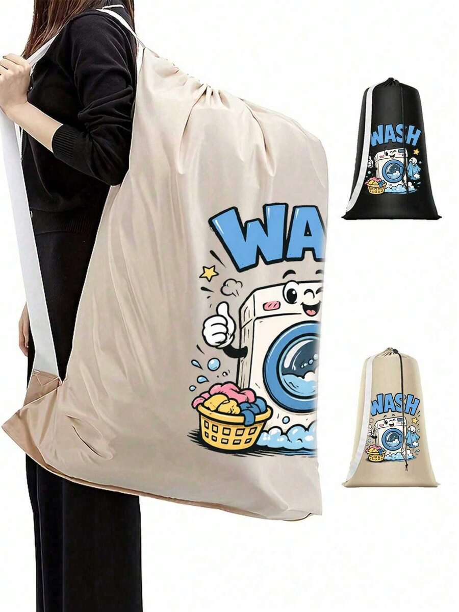 Extra Large Capacity Laundry Bag With Shoulder Strap And Durable Drawstring, Printed With Letter WASH And Washing Machine Pattern, Multi-Purpose Rectangular Woven Laundry Bag, Suitable For Home And Travel Storage, Portable Travel Storage Bag, Durable Drawstring, Home Canvas Storage Bag, Ideal For Travel/Dorm, Essential For Back To School/Graduation Season - Multicolor - View 1