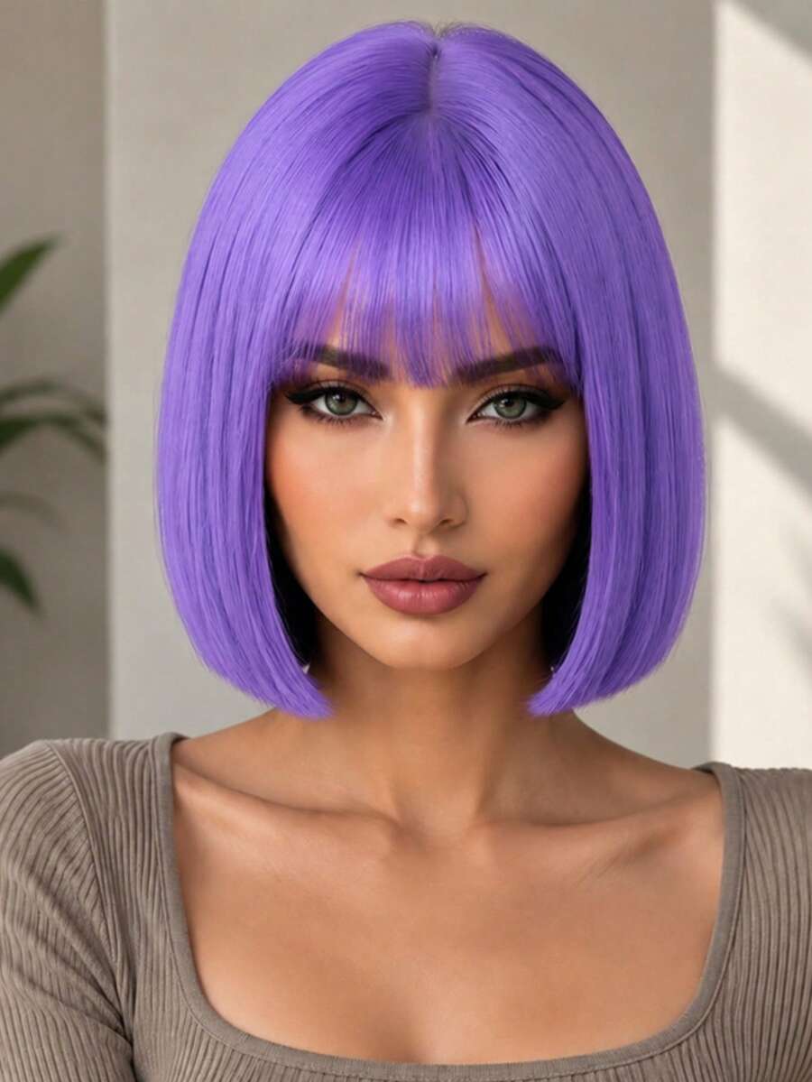 12 Inch Light Purple Bangs Women's Wig, Elegant And Versatile, Natural Styling, Suitable For Various Parties And Ball Gowns - Light Purple - View 1