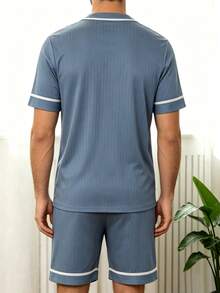 Men's Summer Thin V-Neck Cardigan Style Solid Color Pocket Short Sleeve & Shorts 2-Piece Pajama Set, Gentle Premium Comfortable Loungewear - Blue - View 2