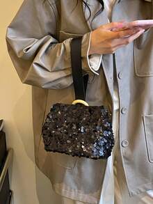 Dedoo 亮片水桶包，柔軟休閒手提包，全覆蓋馬卡龍色亮片，可愛仙女風時尚女包，適合日常、花園、婚禮場合 - 黑色 - 查看 3