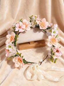 1件人造花仙女森系新娘婚季波希米亞風流蘇珠飾美學花冠 - 58807粉色 - 查看 6