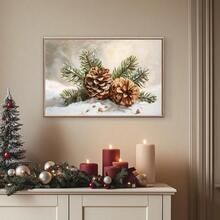 1pc Framed/Unframed Snowy Pine Cone Christmas Vintage Poster Festival Cozy Wall Art Canvas Print Nordic Winter Xmas Holiday Botanical Country Farmhouse Aesthetic Decor Retro Rustic Painting For Apartment,Living Room,Bedroom,Modern Home Decoration - A - View 6