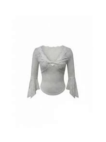 Sexy Lace Trim Twist V-Neck 3/4 Sleeve Base Layer Top For Women - Apricot - View 9