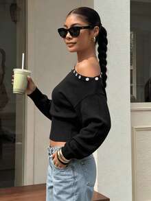 Women's Asymmetric Open Shoulder Button Decor Long Sleeve Cropped Ribbed Knit Sweater, Autumn Y2K Street Style Casual Nightclub Top - Black - View 4