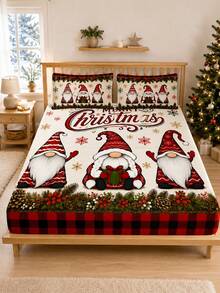 3PCS Winter Christmas Gnome Theme Atmosphere Bedding Set, (1PC Fitted Sheet + 2pcs Pillowcases, No Pillow Inserts,) Polyester Digital Print, Cartoon Gnome Christmas Pattern, Cartoon Cozy Christmas Non-Slip Bedding Set, Machine Washable, Bedroom Holiday Home Textile - Multi-color 1 - View 10