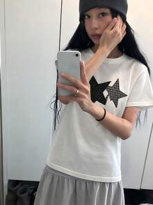 Y2K復古街頭風女款夏季新款休閒寬鬆格紋與星星印花韓系短袖T恤上衣 白色 - 白色 - 查看 4