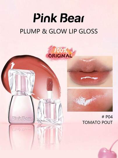 Pink Bear Plump & Glow Espejo Brillo Labial P04, Tono Brillante y Humectante, Adecuado para Maquillaje Diario, Ligero y No Pegajoso, Uso Cómodo, Acabado Brillante Duradero, Regalo Perfecto de Vacaciones para Amigos, 2ml/0.07fl.Oz