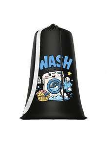 Extra Large Capacity Laundry Bag With Shoulder Strap And Durable Drawstring, Printed With Letter WASH And Washing Machine Pattern, Multi-Purpose Rectangular Woven Laundry Bag, Suitable For Home And Travel Storage, Portable Travel Storage Bag, Durable Drawstring, Home Canvas Storage Bag, Ideal For Travel/Dorm, Essential For Back To School/Graduation Season - Multicolor - View 8