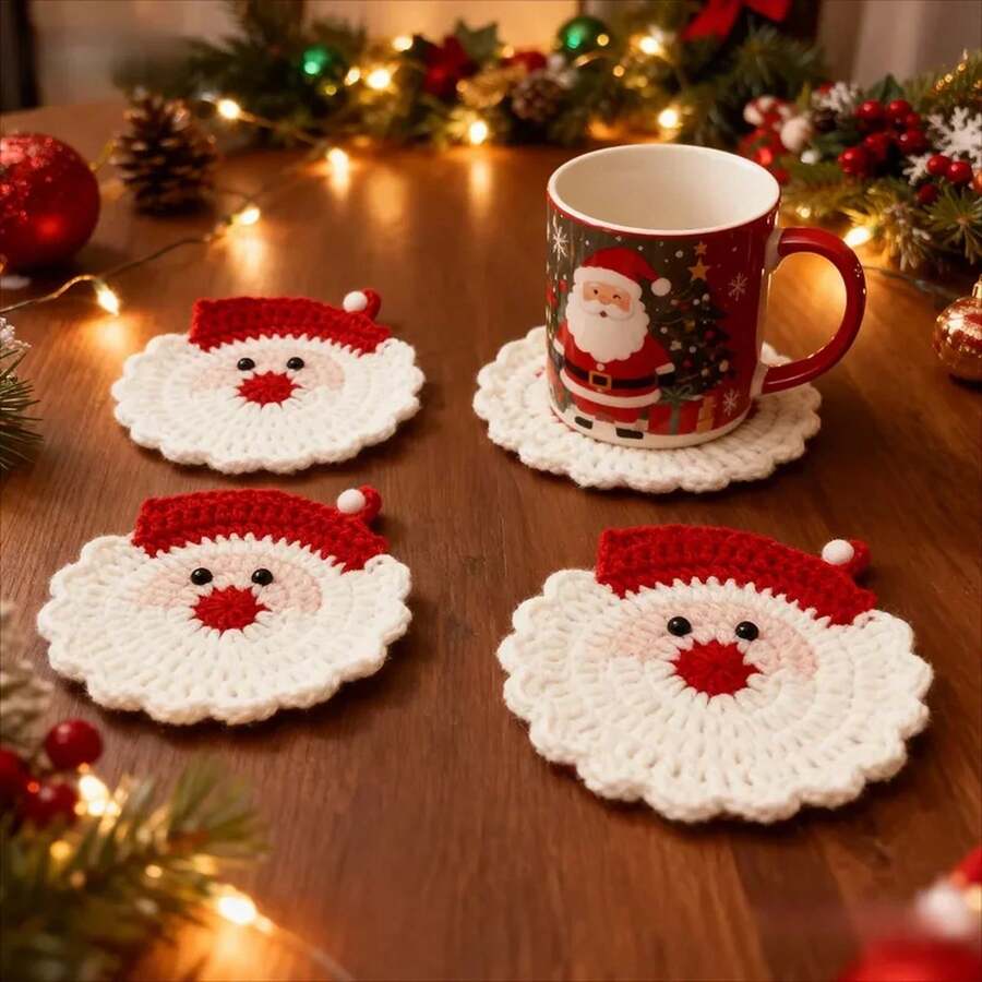 Juego de Posavasos de Ganchillo de Papá Noel para Navidad, Hechos a Mano, Festivos, Antideslizantes y Resistentes al Calor para Decoración de Mesa Navideña y Regalos - 1 - Ver 1