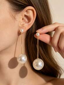 1 Pair Of Fashionable Personalities Long Style Temperament Faux Pearl Earrings Suitable For Women's Daily Commuting ﻿ ﻿ ﻿ - Silver - View 4
