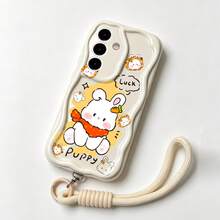 1 pieza Correa de mano + Funda protectora anti-caída con diseño de conejo y patrón de onda asimétrica en crema, compatible con Galaxy S26/S24/S25/S23/S26Ultra/S26 Plus/A57/A37/A17/A07/ Note13Pro/ A3X/ Y21, serie de fundas para teléfono, versátil y unisex - Blanco - Ver 2