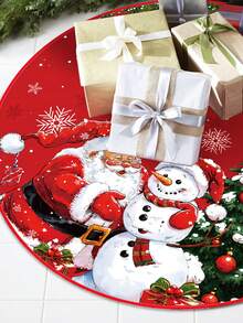 Falda de árbol de Navidad con Papá Noel y muñeco de nieve, alfombra redonda para base de árbol de Navidad con estampado de copos de nieve para decoración interior navideña - Rojo - Ver 3