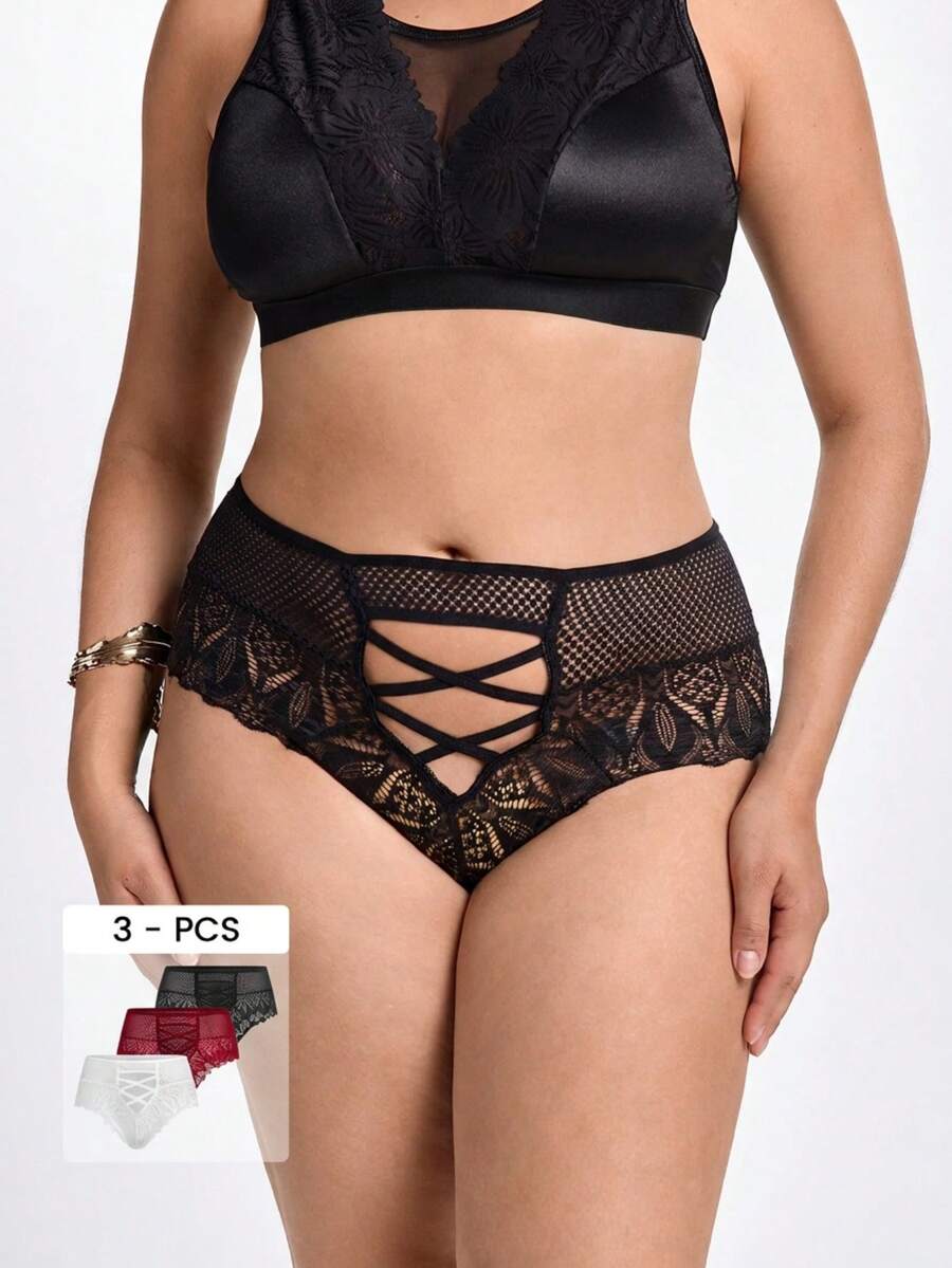 3pcs/Set Plus Size Women Lace Patchwork Solid Color Hollow Cross Thong Panties, Random Colors - Multicolor - View 1