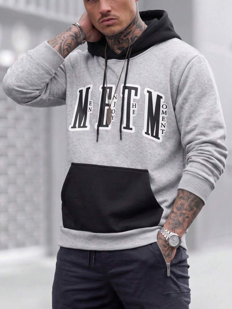 1pc Men's Gray Letter Print Hooded Sweatshirt, Knitted Fabric, Soft ...