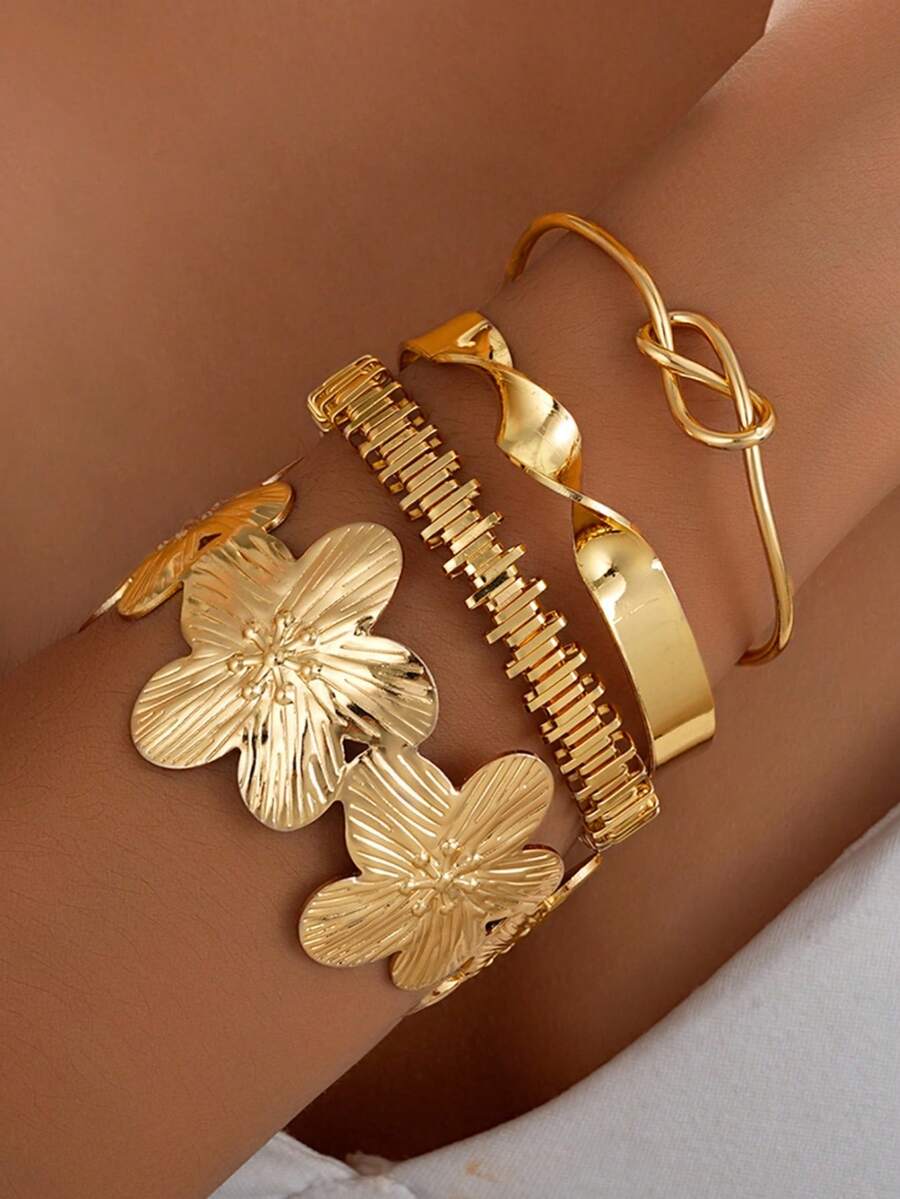 Conjunto de 4 Peças Pulseiras Femininas Elegantes com Flor Nó, Estilo Novo da Moda Europeia e Americana, Joias - Dourado - Visão 1