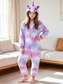 Tween Girl Plush Purple Starry Sky Print Unicorn Design Jumpsuit Pajamas - Multicolor - View 4