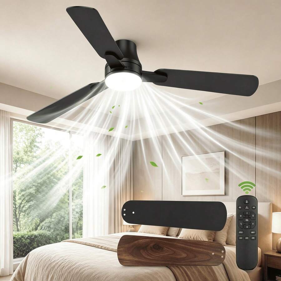 LYESS 42in Ceiling Fan With Light, Modern Flush Mount Ceiling Fan With Remote,6 Speed Fan For Bedroom, LED Dimmable Ceiling Fan For Living Room, Kitchen & Summer Room Decor, Black