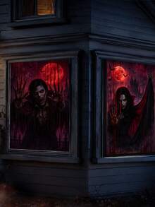 2pcs Halloween Vampire Window Banner, Blood Moon Castle, Bats And Vampire Couple Print Curtain Decor, Suitable For Halloween Party, Haunted House, Living Room, Bedroom And Indoor/Outdoor Holiday Decoration - Vampire - View 9