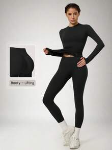 NcmRyu Women's One Set Solid Color Seamless Round Neck Short Sleeve Butt-Lifting Tight Cropped Pants Sports Outfit - Black - View 11
