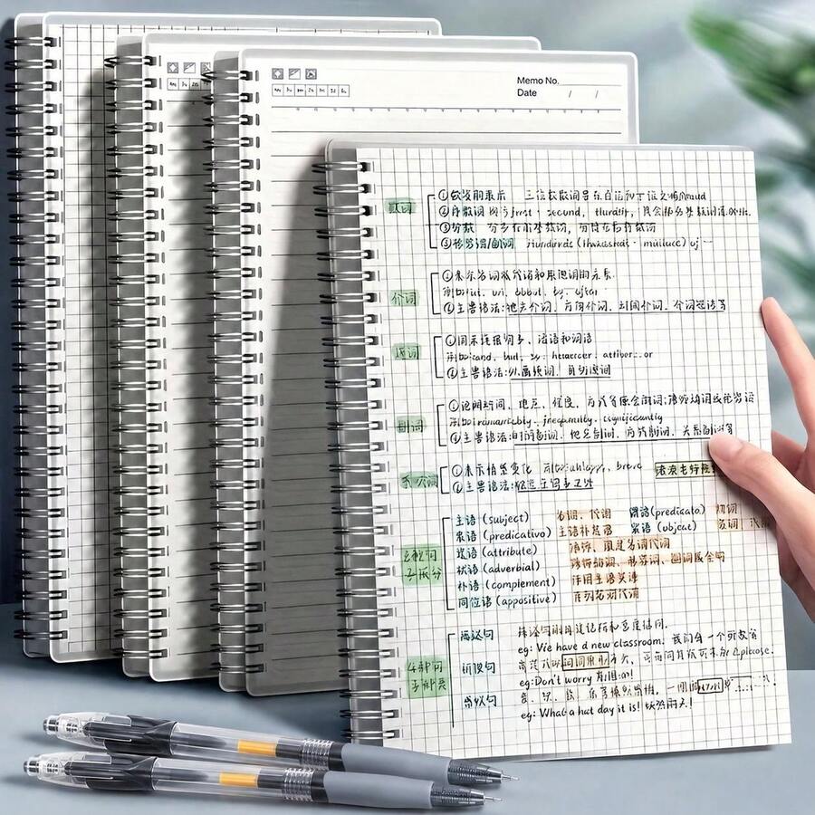 3件組,包含1本螺旋筆記本+2支筆-A5格線筆記本套組(螺旋裝訂)-厚紙筆記本,適合學校、辦公室、規劃、會議使用,含160頁/80張,輕巧便攜,適合記錄與書寫 - 1 Set - 查看 1