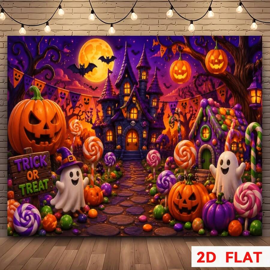 Phông nền banner chủ đề Halloween 2D, bao gồm đèn lồng bí ngô, nhà kẹo ma, lâu đài phép thuật, trăng rằm, dơi và các thiết kế khác, rất phù hợp làm phông nền banner Halloween - 1 - Xem 1