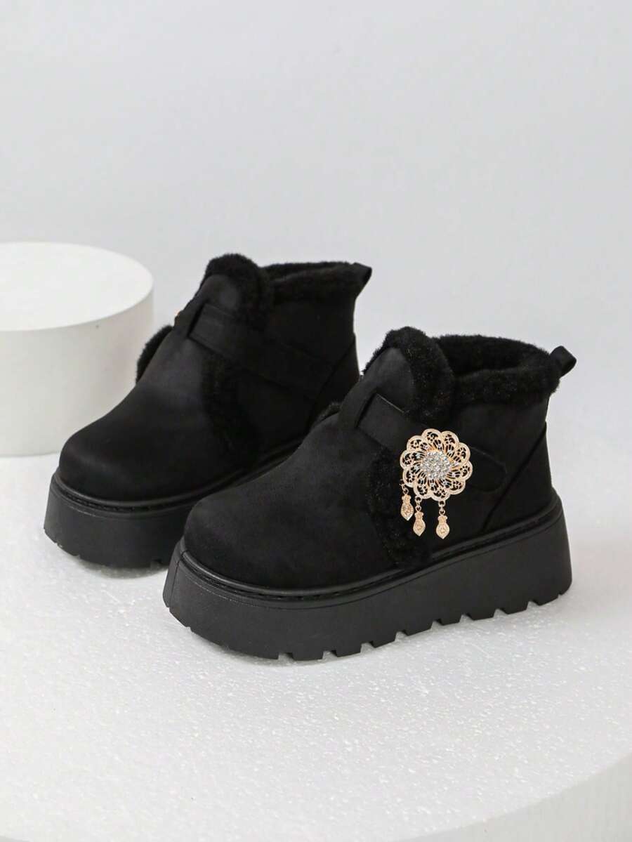1 Pair New Chinese Style Rhinestone Pendant Thick Sole Snow Boots For Women, Autumn/Winter Thermal Lined Height-Increasing Non-Slip Boots - Black - View 1
