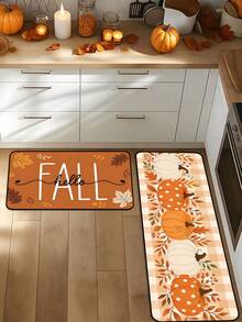1/16Pcs Hello Fall Theme Doormat, Thanksgiving Door Mat, Printed With Pumpkin And Maple Leaf Pattern With Orange And White Plaid, Autumn Harvest Festival Decorative Mat, Welcome Kitchen Rug, Dirt-Resistant Floor Mat, Autumn Party Decoration - Multicolor - View 3