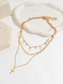 Set de 3 collares de mujer con colgante de cruz, estilo Ins, versátiles y de moda, con strass, flecos, cadena para la clavícula, multicapa y apilables - Dorado - Ver 2